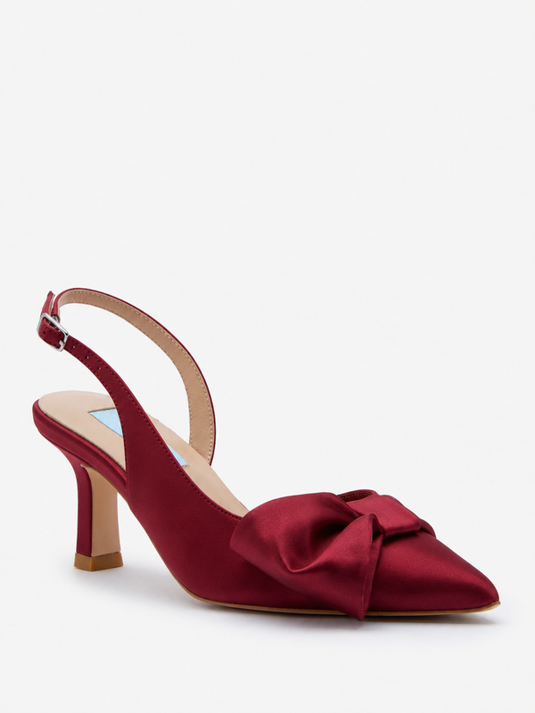 Charlotte Mills Mia Mid Wine Satin Slingback with asymmetric bow detail