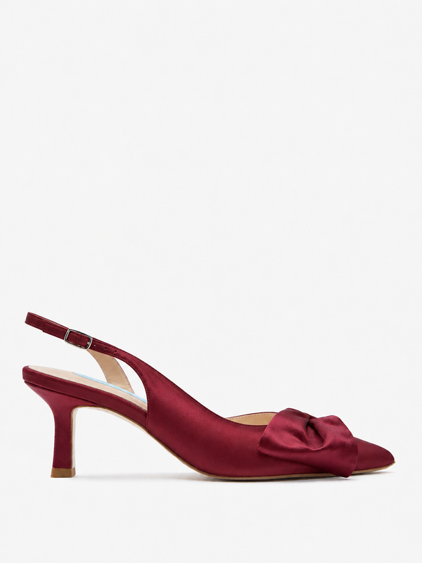 Charlotte Mills Mia Mid Wine Satin Slingback with asymmetric bow detail