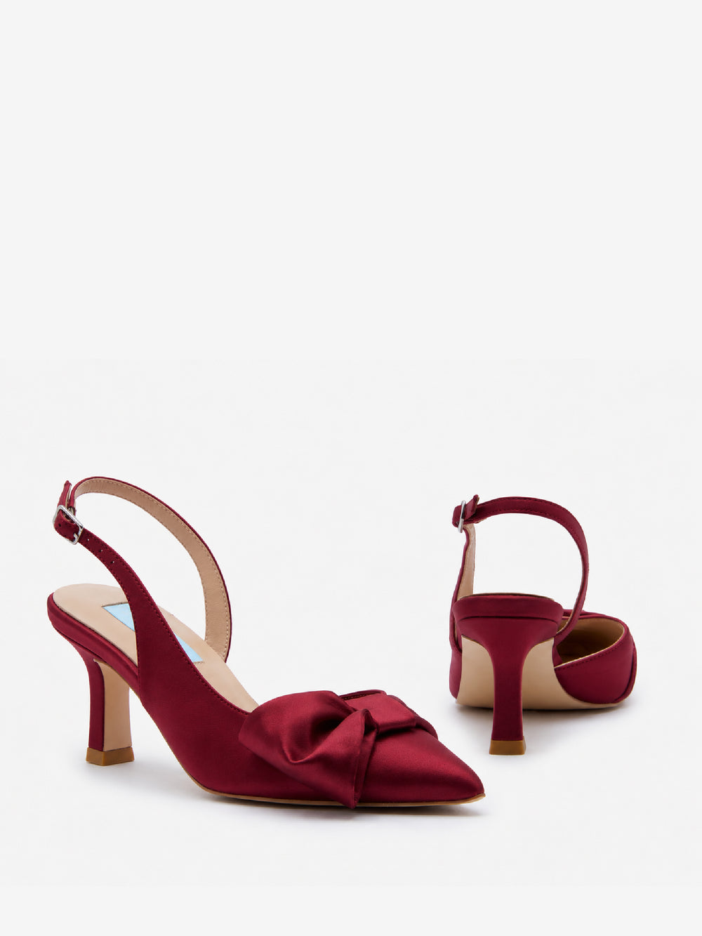 Charlotte Mills Mia Mid Wine Satin Slingback with asymmetric bow detail