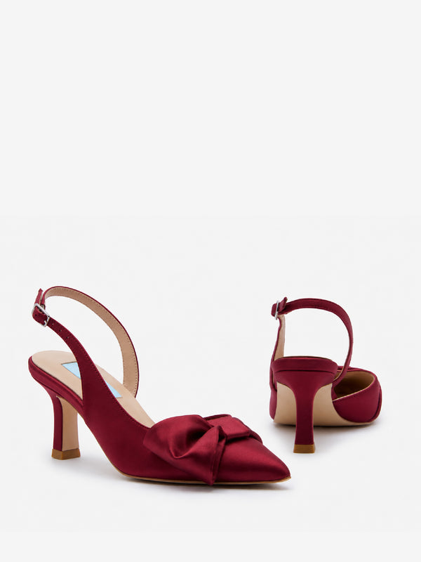 Charlotte Mills Mia Mid Wine Satin Slingback with asymmetric bow detail
