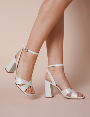 Charlotte Mills Millie matte leather square toe block heel sandal with crystal buckle
