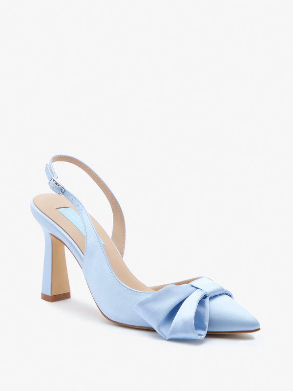 CHARLOTTE MILLS MIA BLUE SATIN POINT TOE BRIDAL SHOES WITH SLINGBACK AND BOW TRIM
