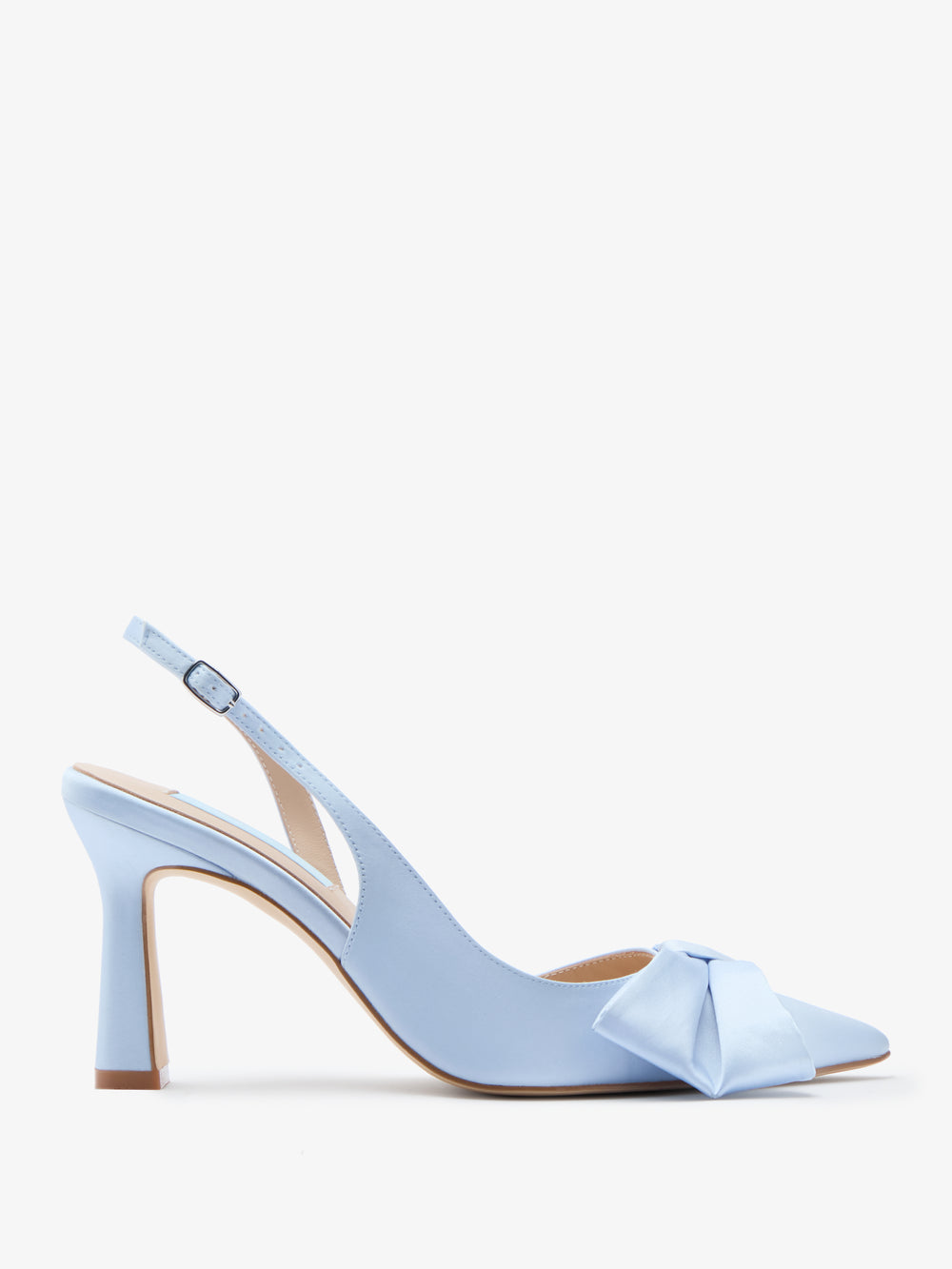 CHARLOTTE MILLS MIA BLUE SATIN POINT TOE BRIDAL SHOES WITH SLINGBACK AND BOW TRIM