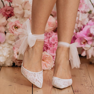 Charlotte Mills Natalia Ivory Lace Point Toe Bridal Shoe with Tulle Straps