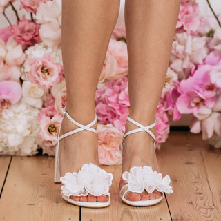 Charlotte Mills Nelly Flower Corsage Bridal Sandal with Criss-Cross Straps and pearl details.