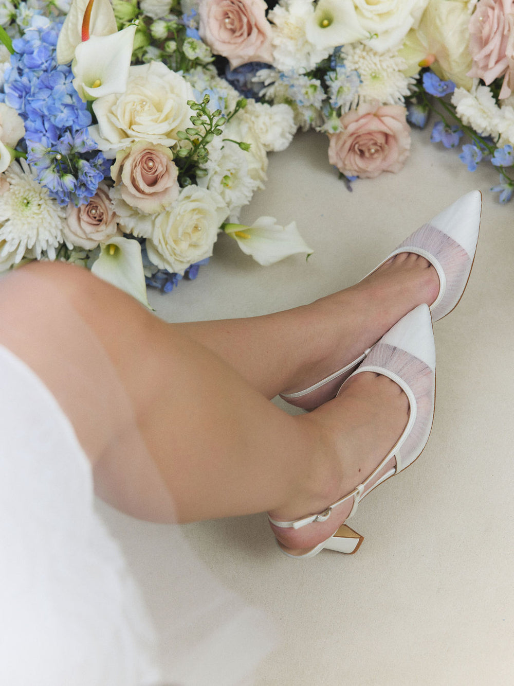 CHARLOTTE MILLS OLIVE IVORY PLEATED TULLE POINT TOE SLINGBACK BRIDAL SHOE