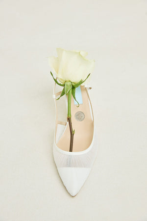Charlotte Mills Olive Mid Height Mid heel Ivory pleated mesh slingback bridal heels with fluted heel