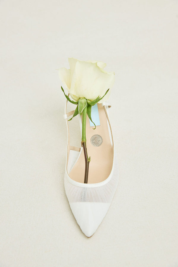 Charlotte Mills Olive Mid Height Mid heel Ivory pleated mesh slingback bridal heels with fluted heel