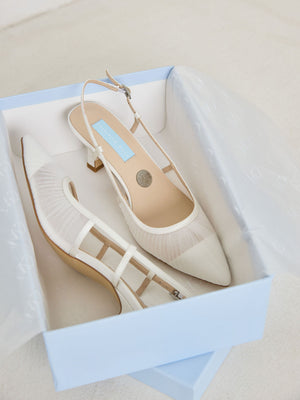 Charlotte Mills Olive Mid Height Mid heel Ivory pleated mesh slingback bridal heels with fluted heel