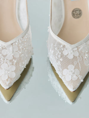 CHARLOTTE MILLS OPAL IVORY FLOWER EMBELLISHED MESH SLINGBACK ON BLOCK HEEL