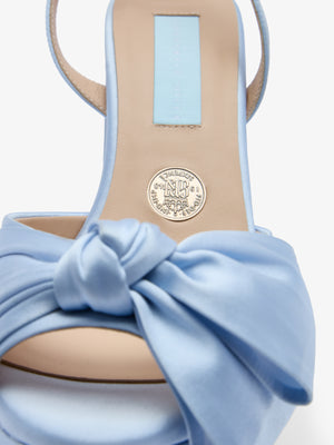 Octavia blue satin platform bridal sandal with asymmetric bow trim by Charlotte Mills