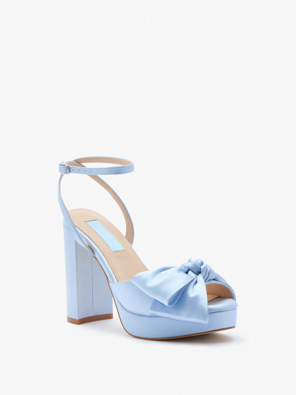 Octavia blue satin platform bridal sandal with asymmetric bow trim by Charlotte Mills
