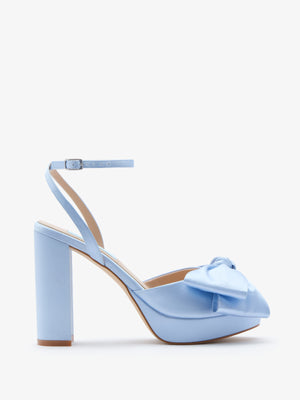 Octavia blue satin platform bridal sandal with asymmetric bow trim by Charlotte Mills