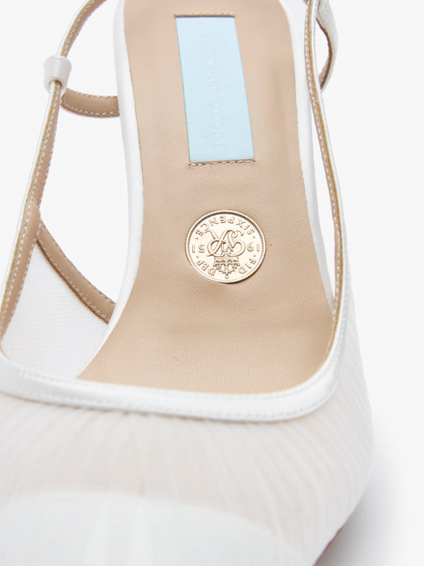 CHARLOTTE MILLS OLIVE IVORY PLEATED TULLE POINT TOE SLINGBACK BRIDAL SHOE
