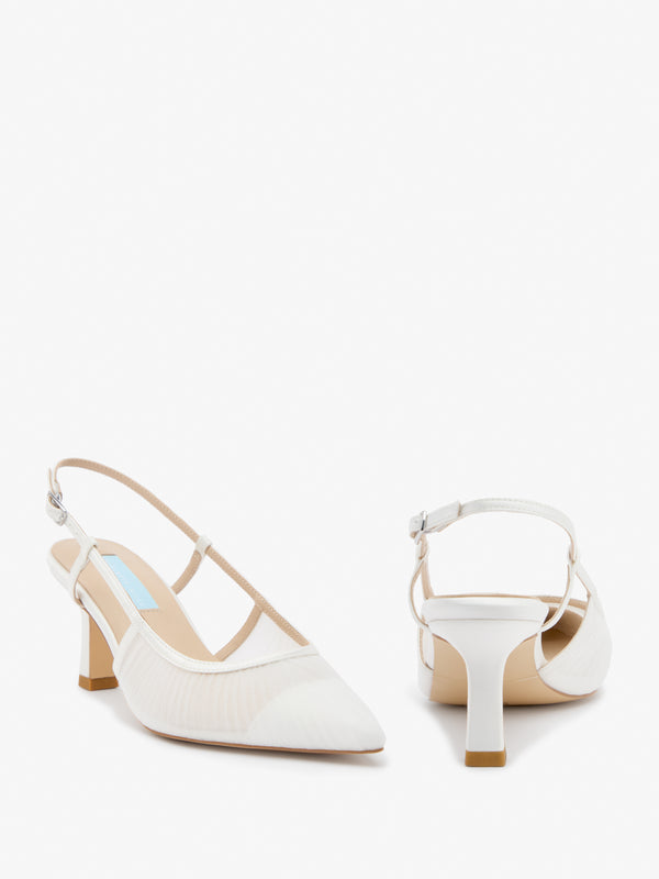 Charlotte Mills Olive Mid Height Mid heel Ivory pleated mesh slingback bridal heels with fluted heel