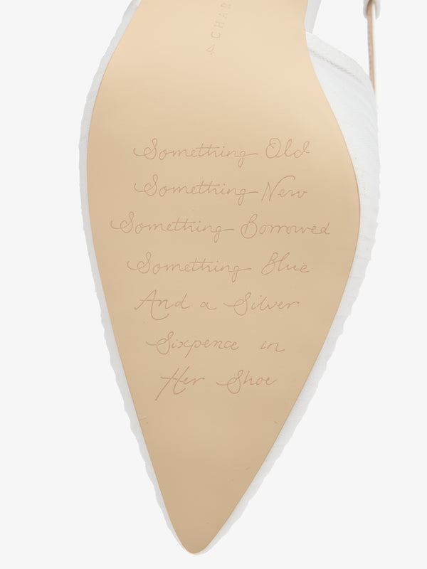 Charlotte Mills Olive Mid Height Mid heel Ivory pleated mesh slingback bridal heels with fluted heel