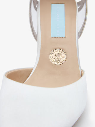 CHARLOTTE MILLS OLYMPIA IVORY SATIN POINT BRIDAL SHOE WITH MESH HEART COUNTER DETAIL AND ANKLE STRAPS