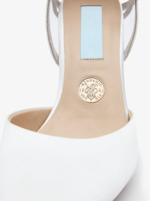 CHARLOTTE MILLS OLYMPIA IVORY SATIN POINT BRIDAL SHOE WITH MESH HEART COUNTER DETAIL AND ANKLE STRAPS