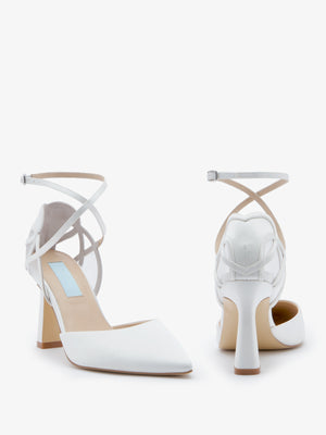 CHARLOTTE MILLS OLYMPIA IVORY SATIN POINT BRIDAL SHOE WITH MESH HEART COUNTER DETAIL AND ANKLE STRAPS