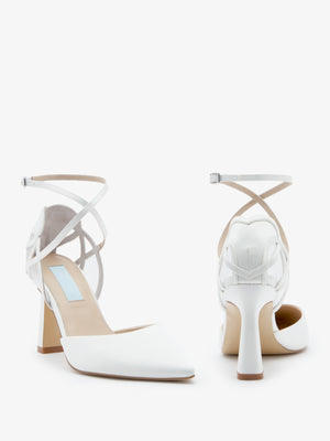 CHARLOTTE MILLS OLYMPIA IVORY SATIN POINT BRIDAL SHOE WITH MESH HEART COUNTER DETAIL AND ANKLE STRAPS