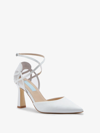 CHARLOTTE MILLS OLYMPIA IVORY SATIN POINT BRIDAL SHOE WITH MESH HEART COUNTER DETAIL AND ANKLE STRAPS
