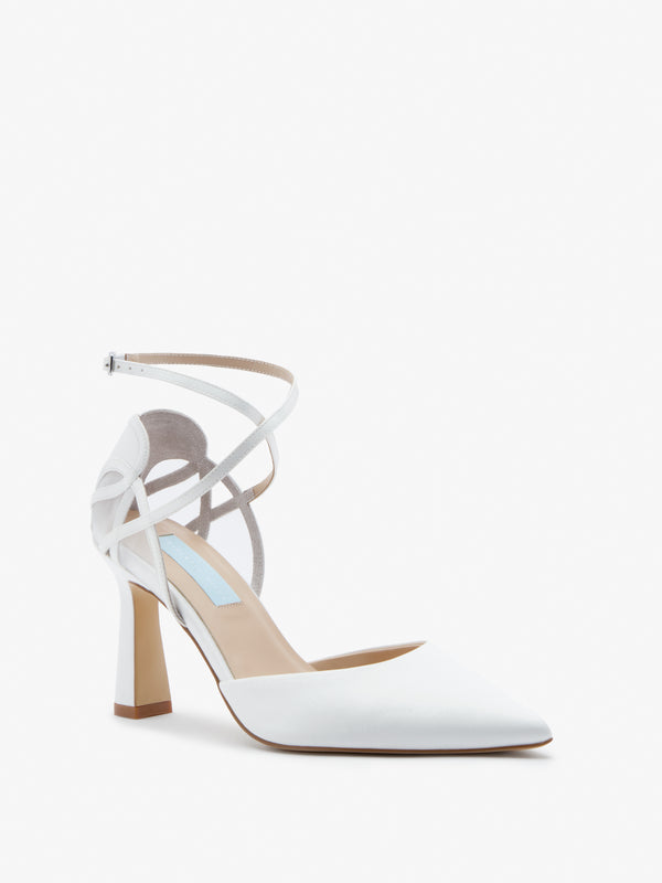 CHARLOTTE MILLS OLYMPIA IVORY SATIN POINT BRIDAL SHOE WITH MESH HEART COUNTER DETAIL AND ANKLE STRAPS