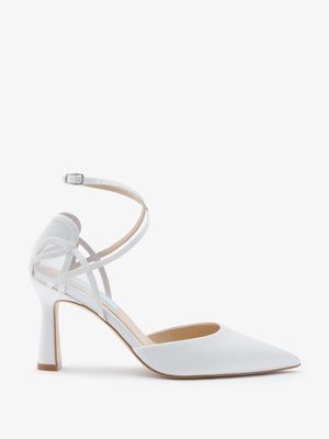 CHARLOTTE MILLS OLYMPIA IVORY SATIN POINT BRIDAL SHOE WITH MESH HEART COUNTER DETAIL AND ANKLE STRAPS