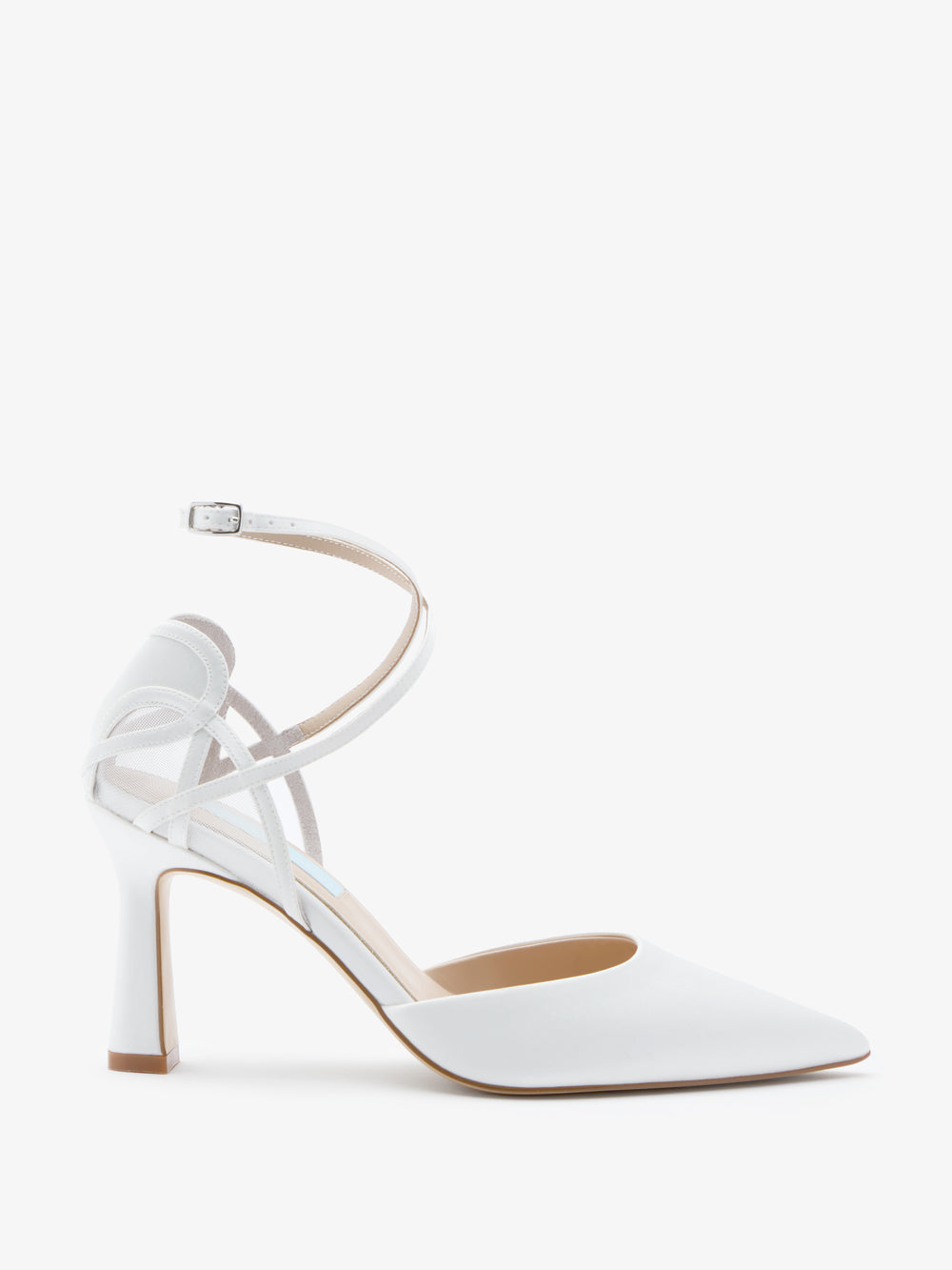 CHARLOTTE MILLS OLYMPIA IVORY SATIN POINT BRIDAL SHOE WITH MESH HEART COUNTER DETAIL AND ANKLE STRAPS