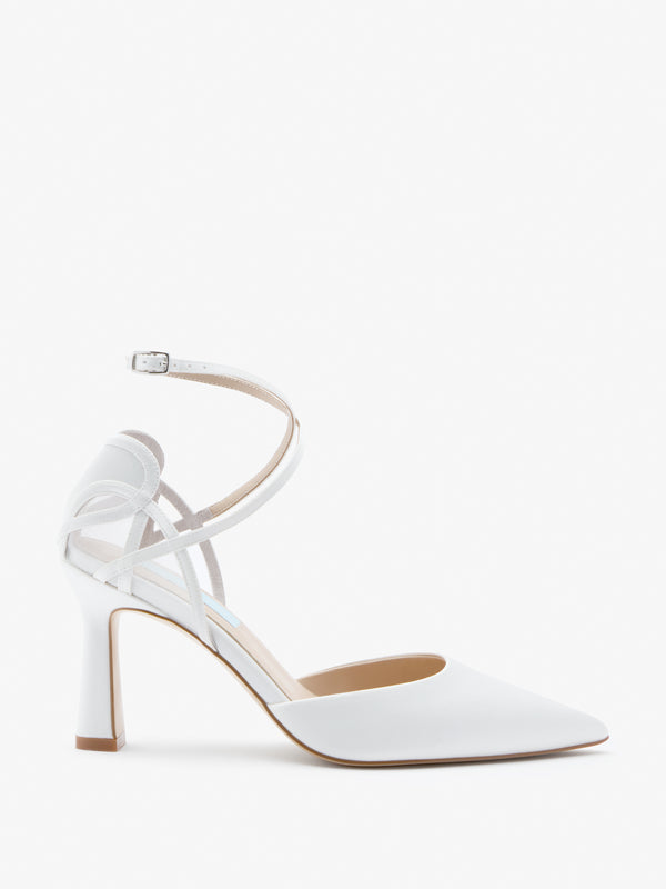 CHARLOTTE MILLS OLYMPIA IVORY SATIN POINT BRIDAL SHOE WITH MESH HEART COUNTER DETAIL AND ANKLE STRAPS
