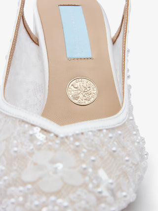 CHARLOTTE MILLS OPAL IVORY FLOWER EMBELLISHED MESH SLINGBACK ON BLOCK HEEL
