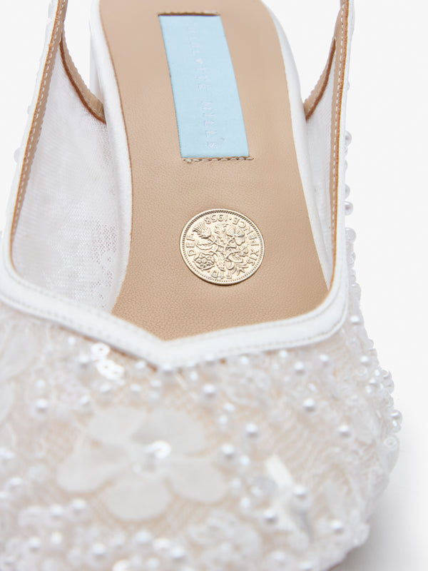 CHARLOTTE MILLS OPAL IVORY FLOWER EMBELLISHED MESH SLINGBACK ON BLOCK HEEL