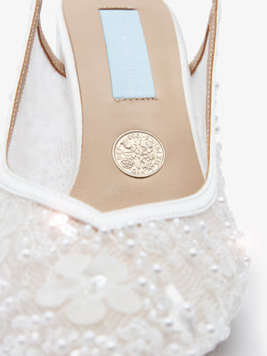 CHARLOTTE MILLS OPAL IVORY FLOWER EMBELLISHED MESH SLINGBACK ON BLOCK HEEL