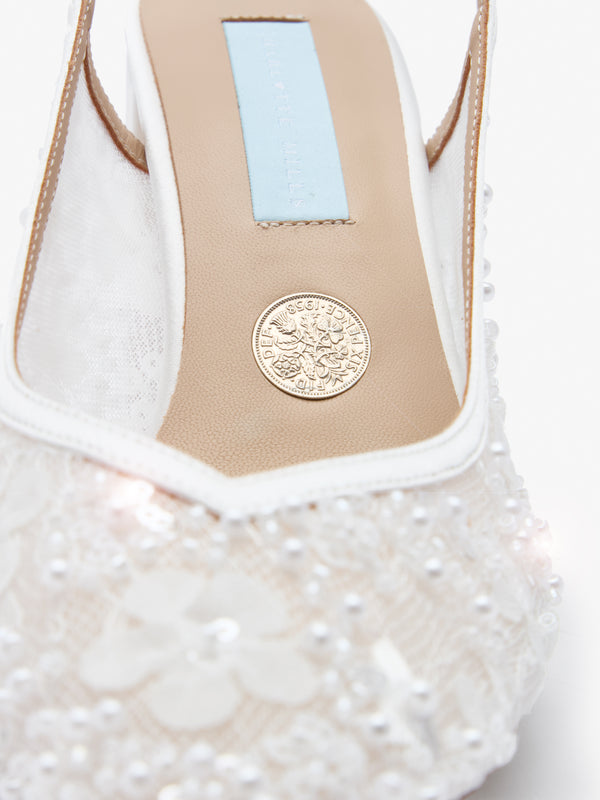 CHARLOTTE MILLS OPAL IVORY FLOWER EMBELLISHED MESH SLINGBACK ON BLOCK HEEL