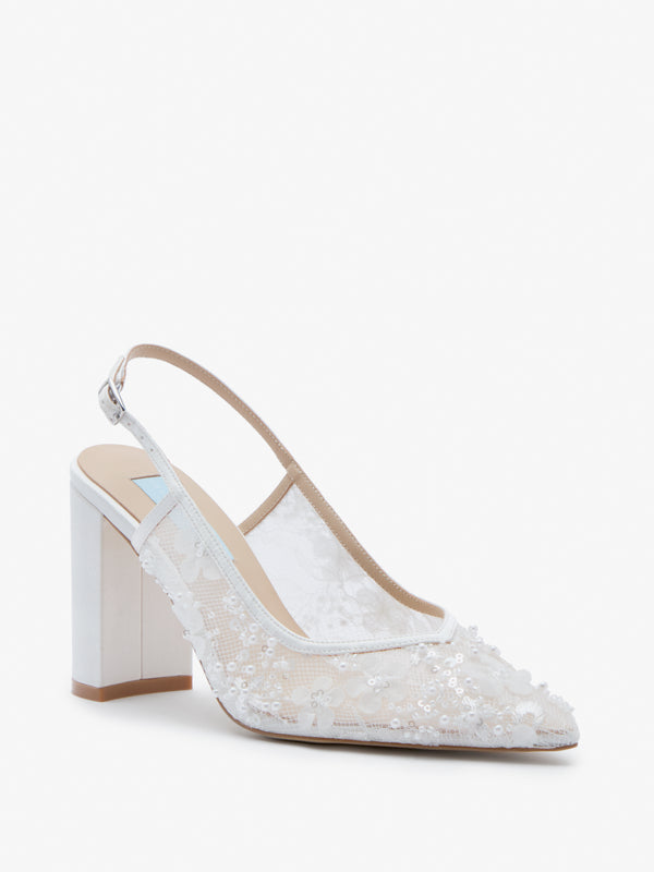 CHARLOTTE MILLS OPAL IVORY FLOWER EMBELLISHED MESH SLINGBACK ON BLOCK HEEL