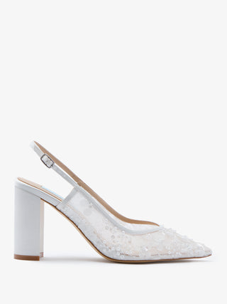 CHARLOTTE MILLS OPAL IVORY FLOWER EMBELLISHED MESH SLINGBACK ON BLOCK HEEL
