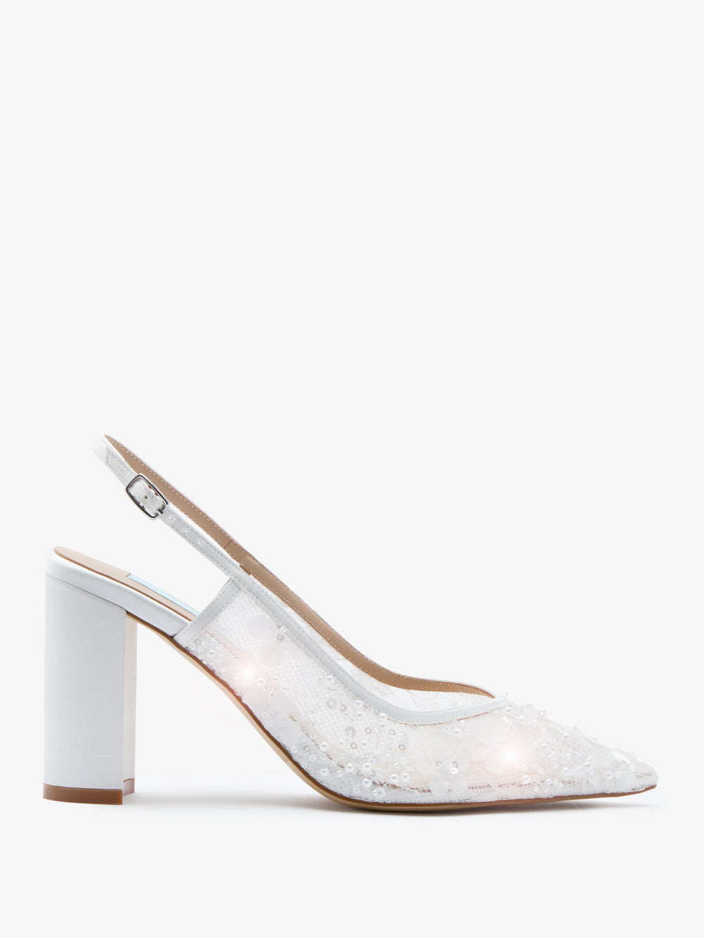 CHARLOTTE MILLS OPAL IVORY FLOWER EMBELLISHED MESH SLINGBACK ON BLOCK HEEL