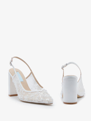 CHARLOTTE MILLS OPAL IVORY FLOWER EMBELLISHED MESH SLINGBACK ON BLOCK HEEL