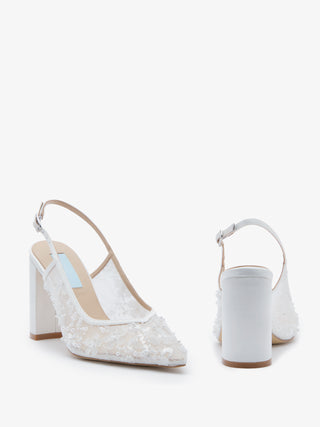 CHARLOTTE MILLS OPAL IVORY FLOWER EMBELLISHED MESH SLINGBACK ON BLOCK HEEL