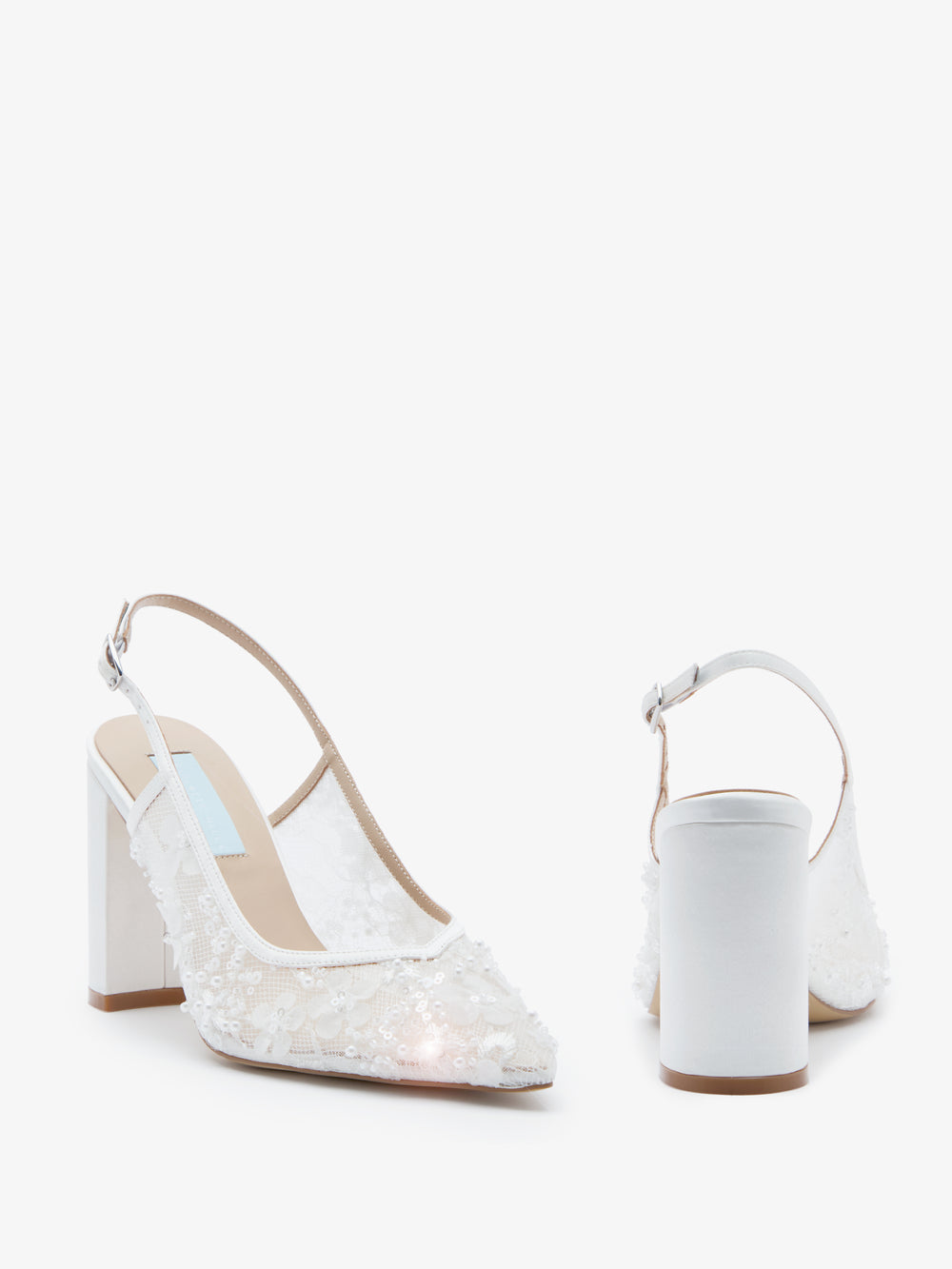 CHARLOTTE MILLS OPAL IVORY FLOWER EMBELLISHED MESH SLINGBACK ON BLOCK HEEL