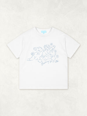 Charlotte Mills - Angel - White t-shirt with blue cherub graphic design and text that reads "dreaming of I 'do'"