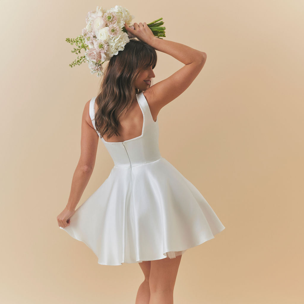 Charlotte Mills Celeste Ivory Duchess Satin Skater Dress with Pearl Trim Neckline