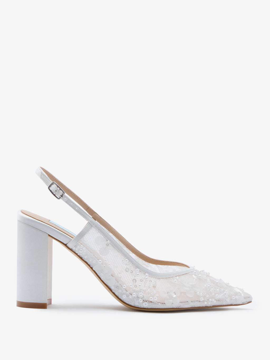 CHARLOTTE MILLS OPAL IVORY FLOWER EMBELLISHED MESH SLINGBACK ON BLOCK HEEL